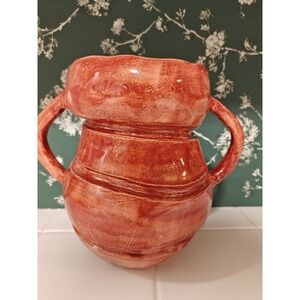 Vintage Glazed Two Handled Handmade Pottery Urn Pitcher Unmarked